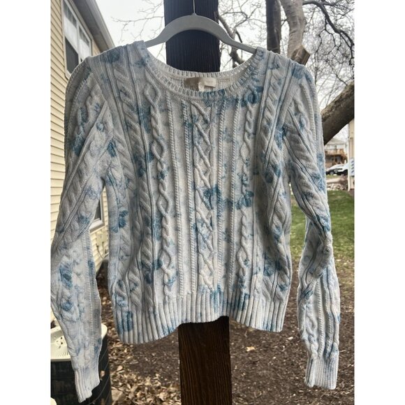 LoveShackFancy white blue floral cable knit puff sleeve sweater S cottagecore - Picture 2 of 9